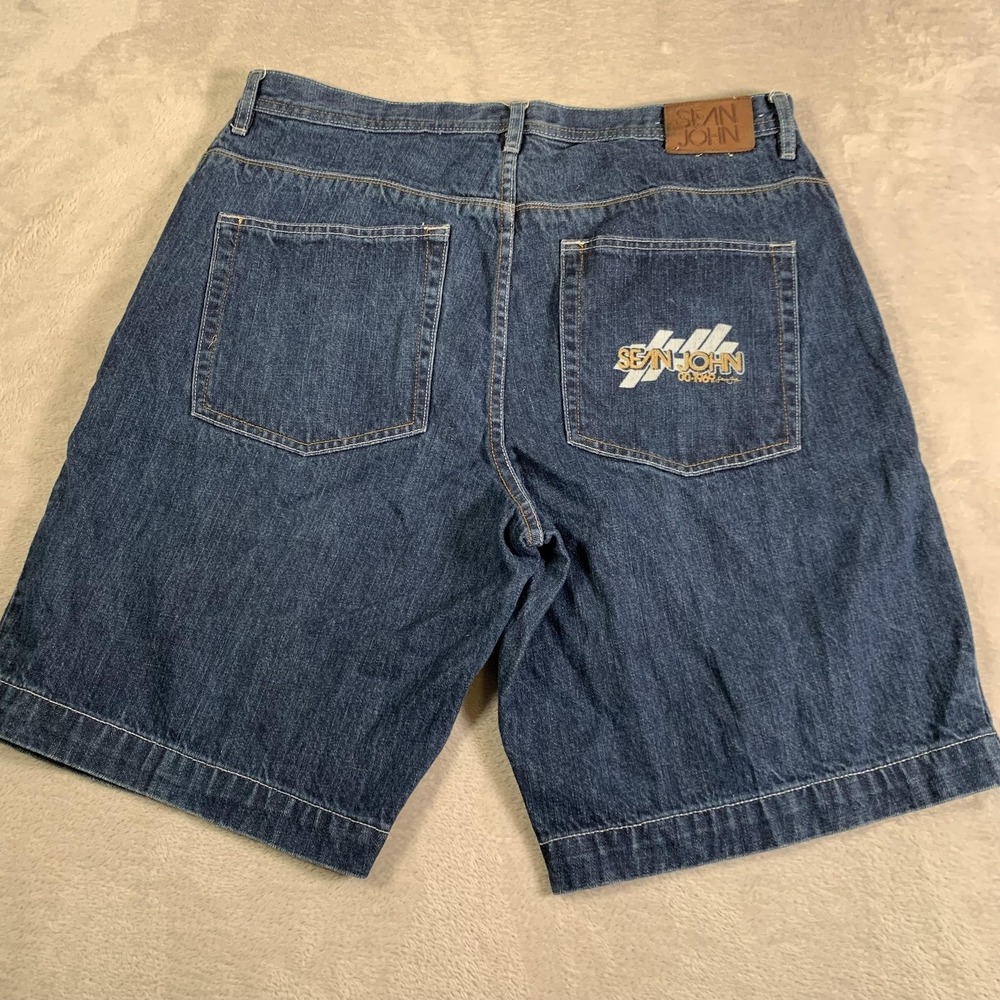 Vintage Sean John Shorts Mens 36‎ Blue Denim Baggy Utility Y2K Embroidered 90s
